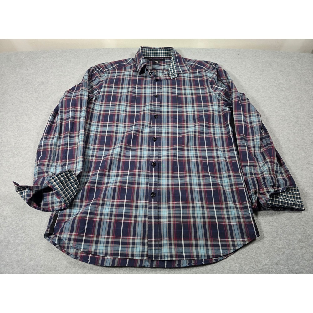 Kenneth Cole New York Mens Medium Plaid Button Down Shirt Blue Red SM2H 6525
